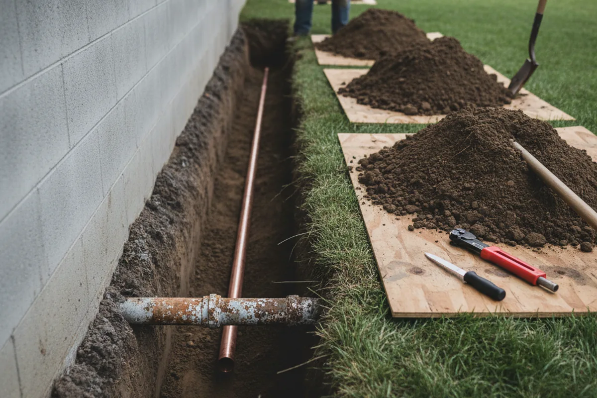 Excavated water line trench during Water Softener Installation in Pleasant Garden